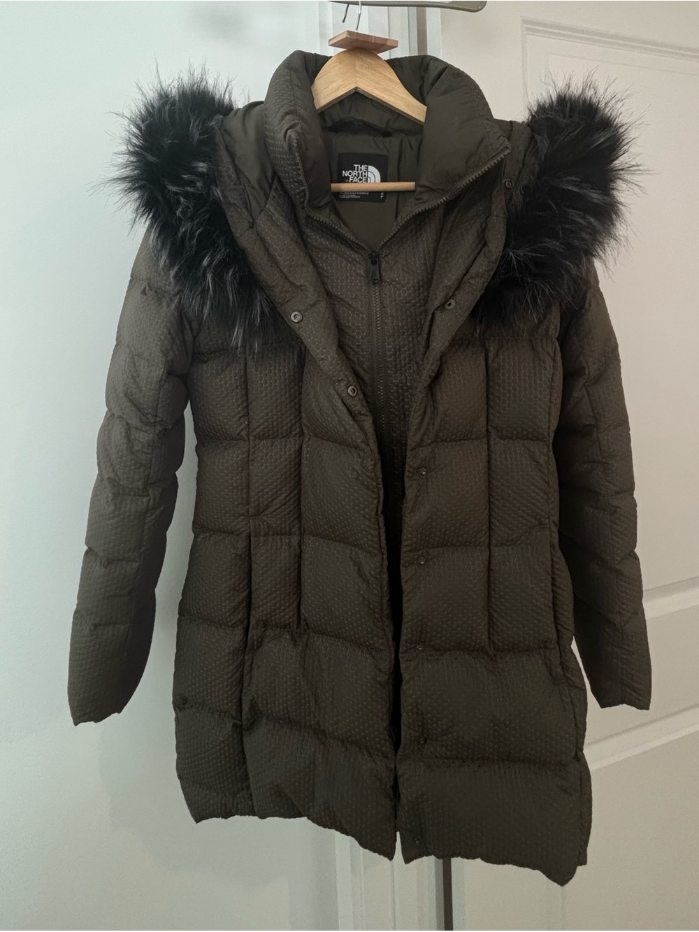 The North Face Women's Olive Green Quilted Down Puffer with Faux Fur Trim